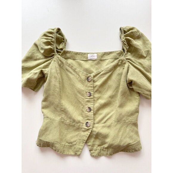 Aritzia WILFRED Janine Green Linen Blend Peplum Prairie Blouse Top, Size M - Picture 7 of 16